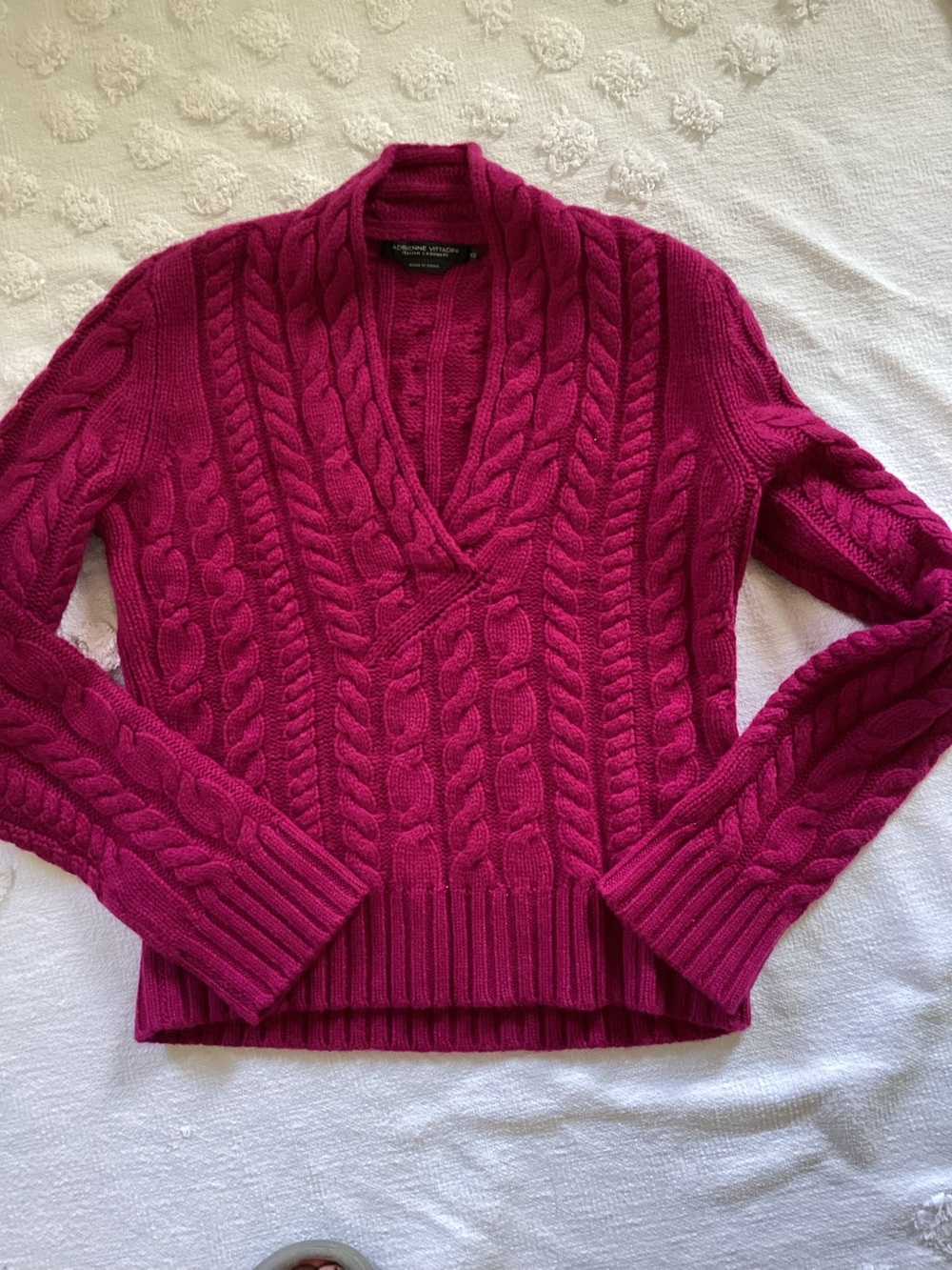 Adrienne Vittadini Cable Knit V-Neck Sweater in Fuchsia